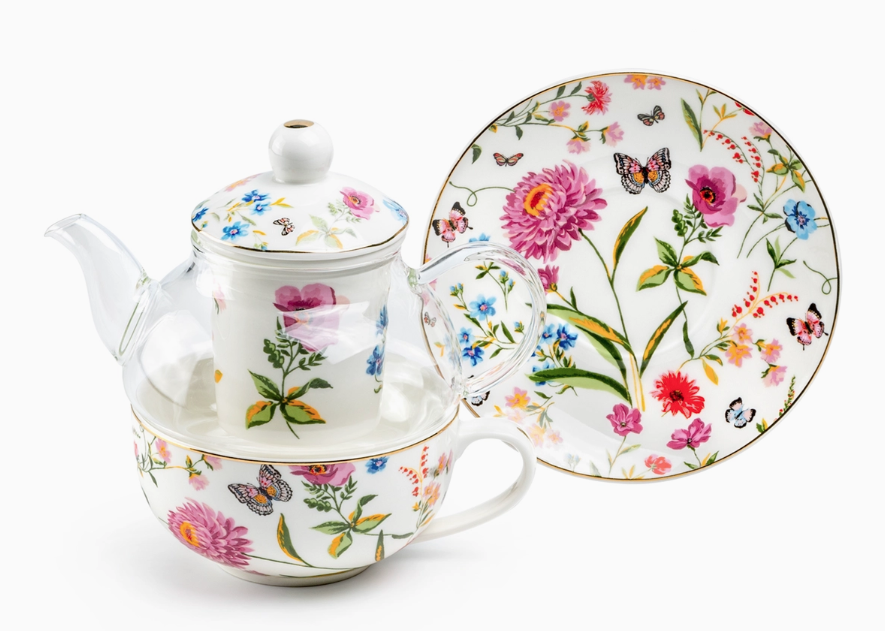 Butterfly Garden Glass and Fine Porcelain Tea For One Set