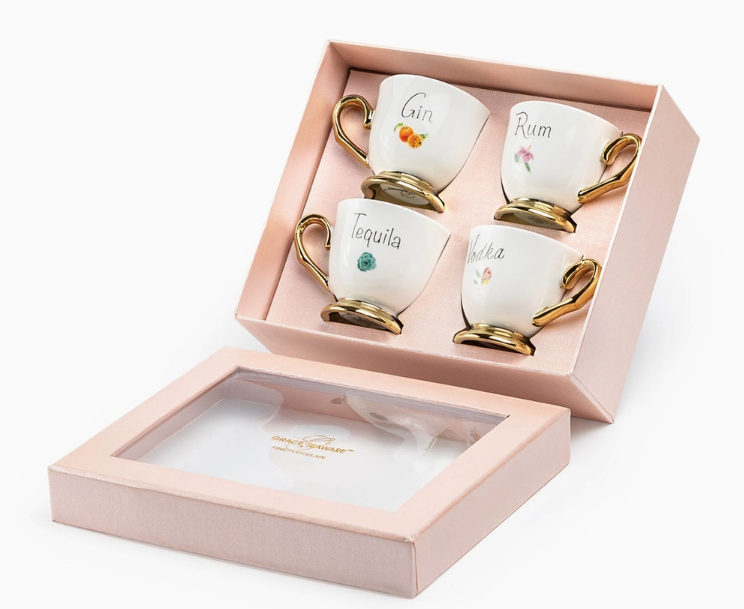 Golden Spirits Fine Porcelain 2oz Demitasse Cup Set with Pink Gift Box