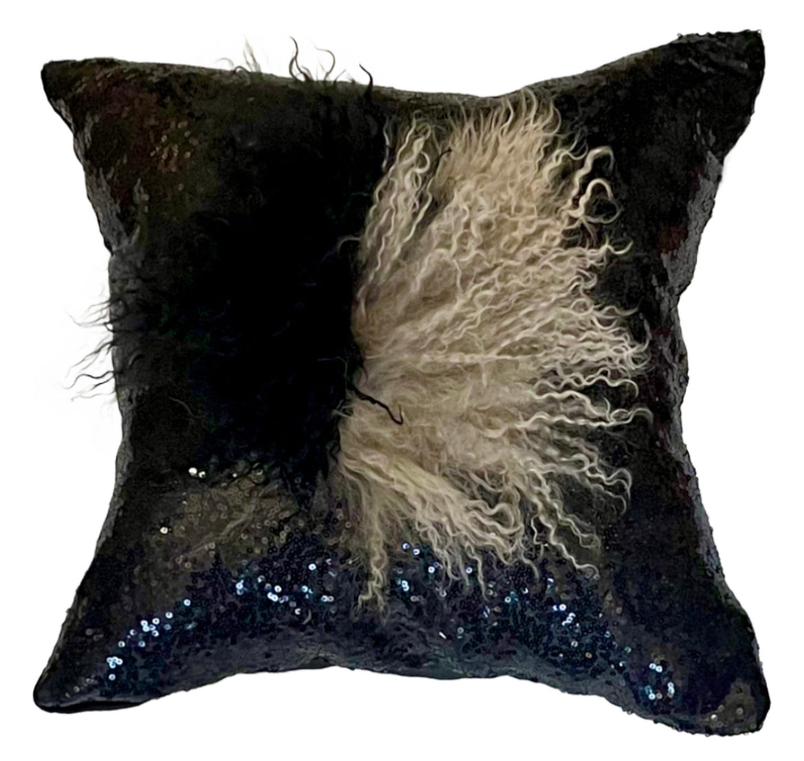 Black  Sequin Pillow with Black & Gray Mongolian
