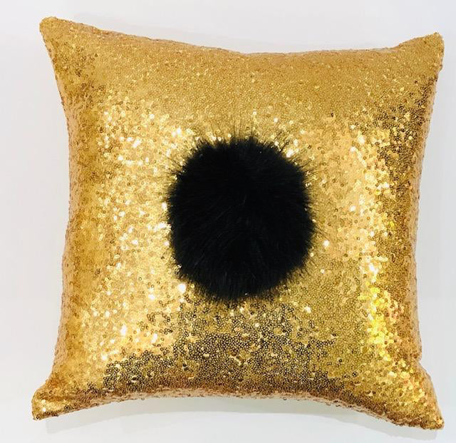 Gold Sequin Pillow with Large Black Pom Pom