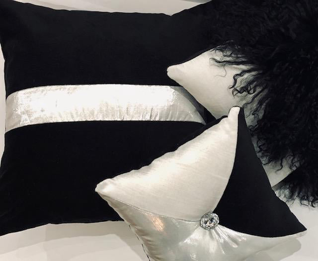 Silver Silk Taffeta Pillow with Black Velevt Stripe