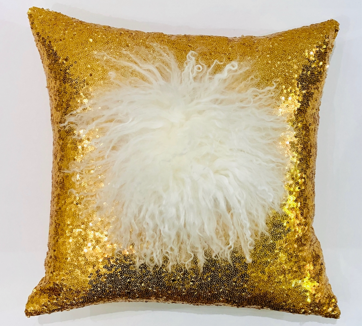 Gold Sequin Pillow with White Mongolian