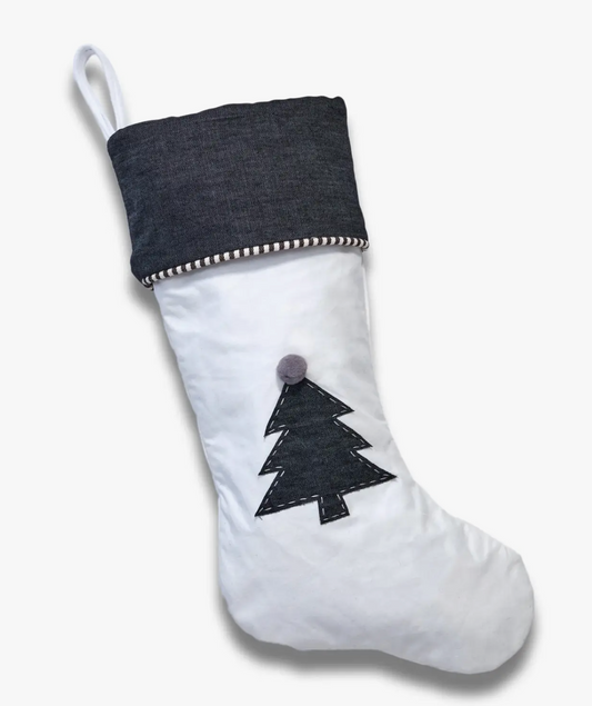 White Canvas Christmas Stocking with Christmas Tree Applique
