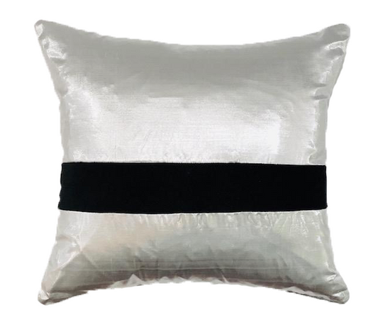 Silver Silk Taffeta Pillow with Black Velevt Stripe