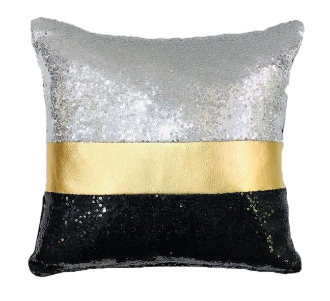 Gold Leather / Black  Velvet & Silver Sequins Pillow