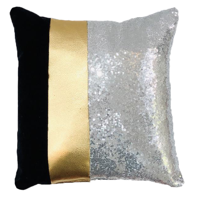 Black Velvet / Gold Leather & Silver Sequins Pillow